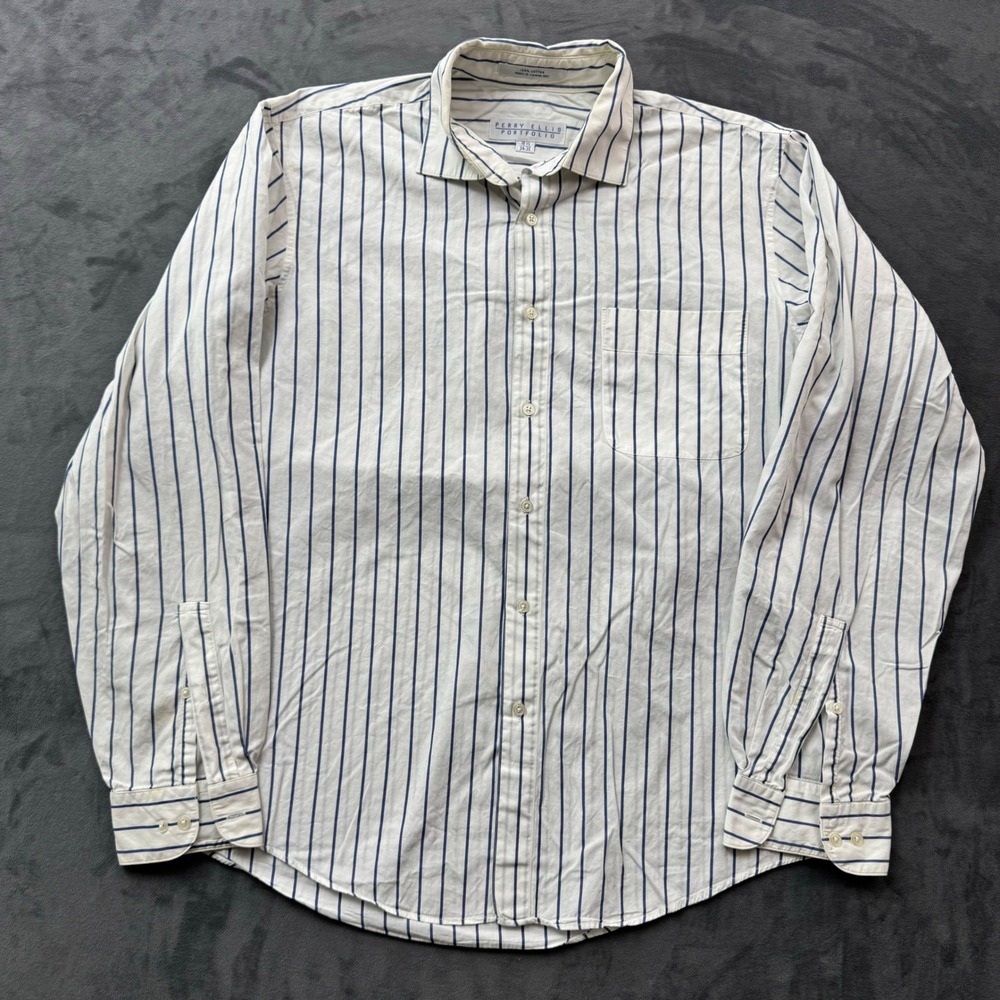 Perry Ellis Portfolio Mens 15.5 34-35 Striped Cotton Button Down Shirt White